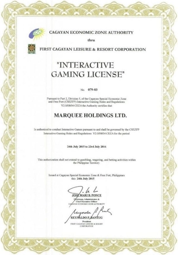 Giấy phép chứng nhận hoạt động kinh doanh cá cược hợp pháp của nhà cái uy tín.